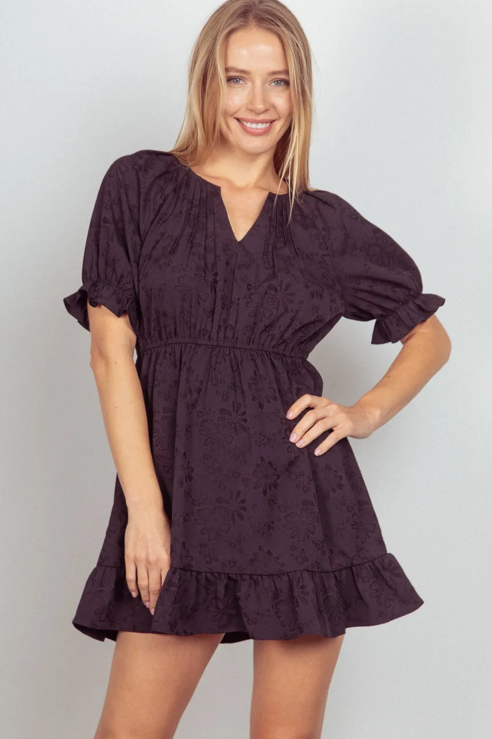 VERY J Floral Textured Woven Ruffled Mini Dress - Blushé Belle