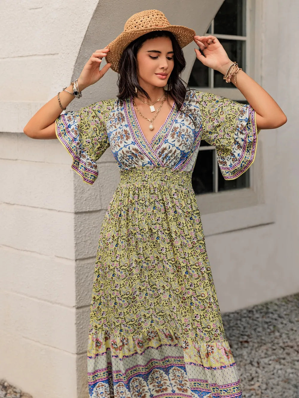 Ruched Printed Flounce Sleeve Maxi Dress - Blushé Belle