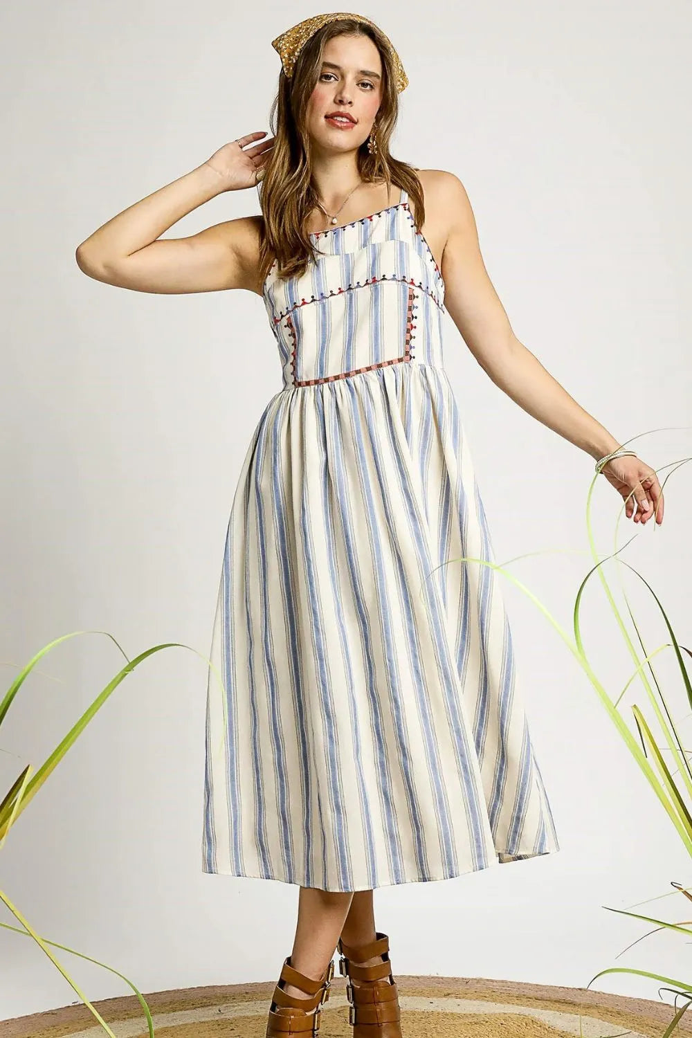 Umgee Striped Colorful Embroidered Trim Cami Dress - Blushé Belle