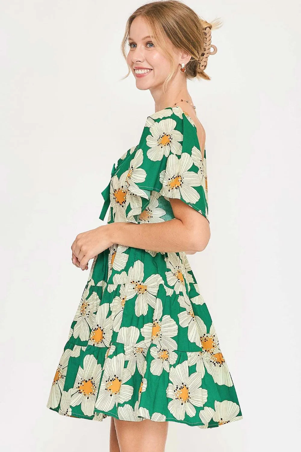 Umgee Full Size Daisy Print Mini Dress with Ribbon Details Plus Size - Blushé Belle