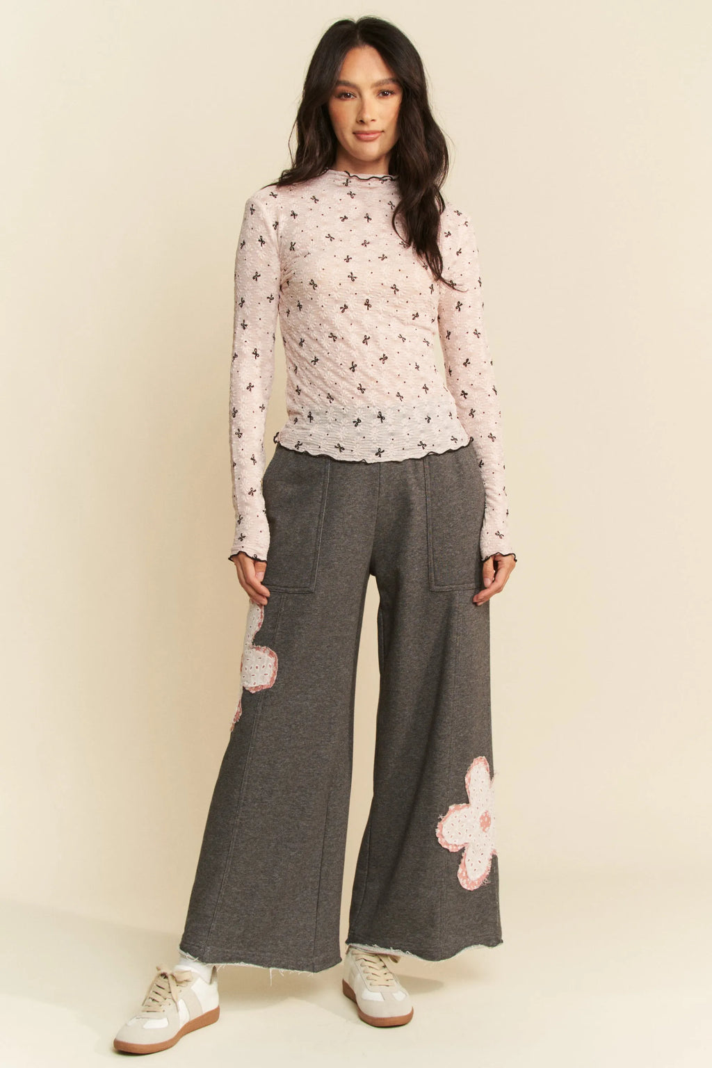 Davi & Dani Ribbon Bow Lace Hem Long Sleeve Mesh Layering Top - Blushé Belle