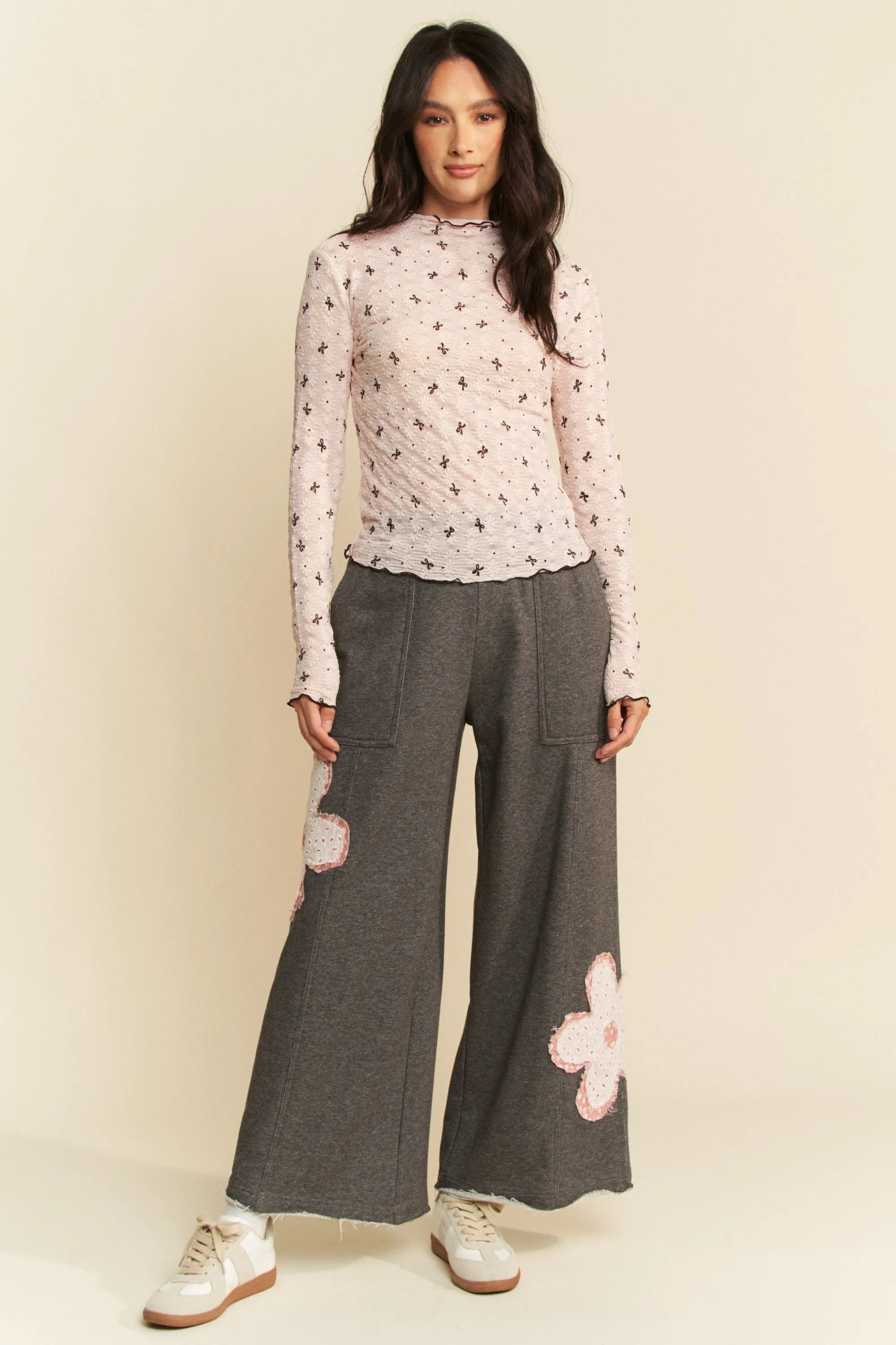 Davi & Dani Ribbon Bow Lace Hem Long Sleeve Mesh Layering Top - Blushé Belle