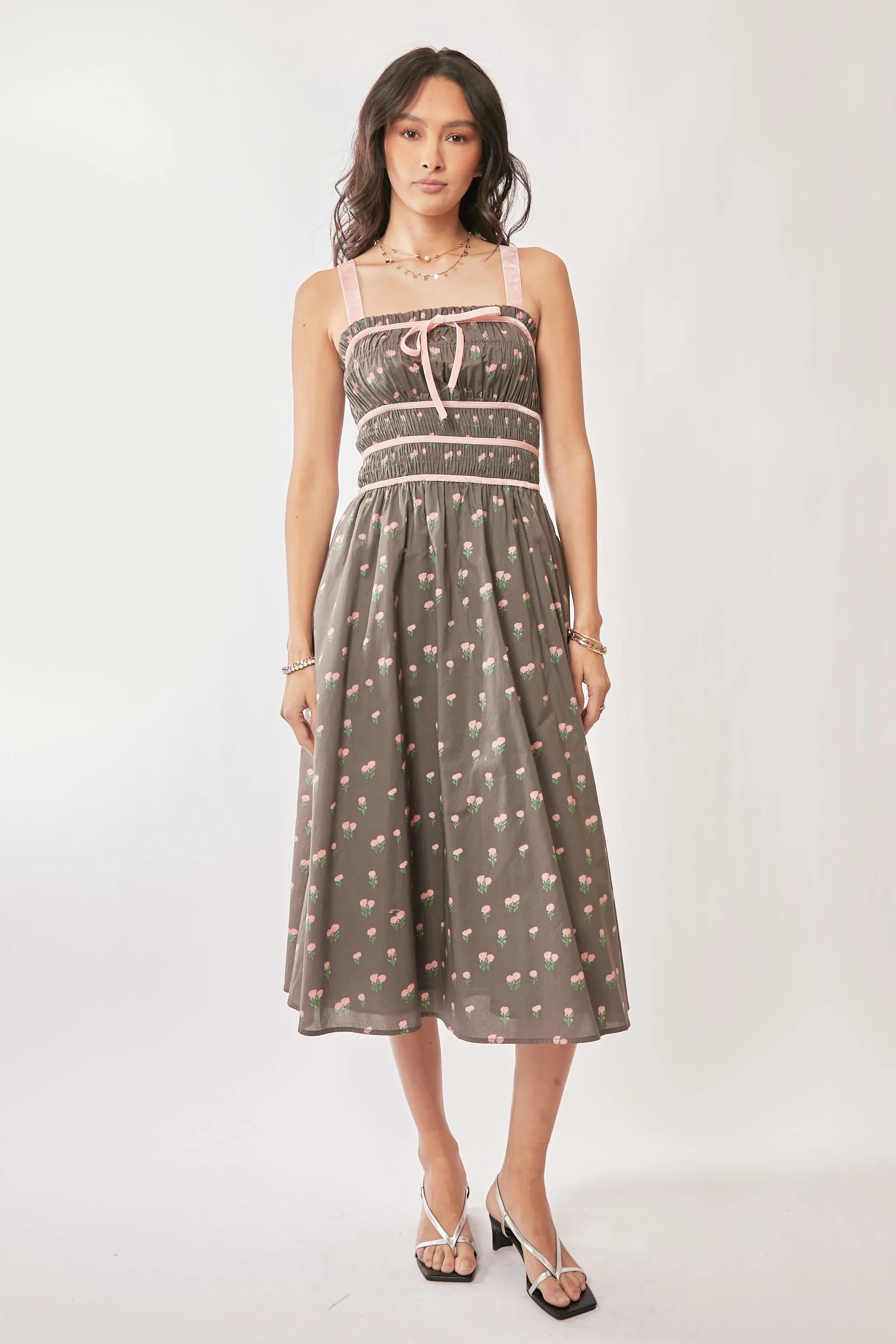 Davi & Dani Contrast Velvet Tape Smocking Bodice Midi Dress - Blushé Belle