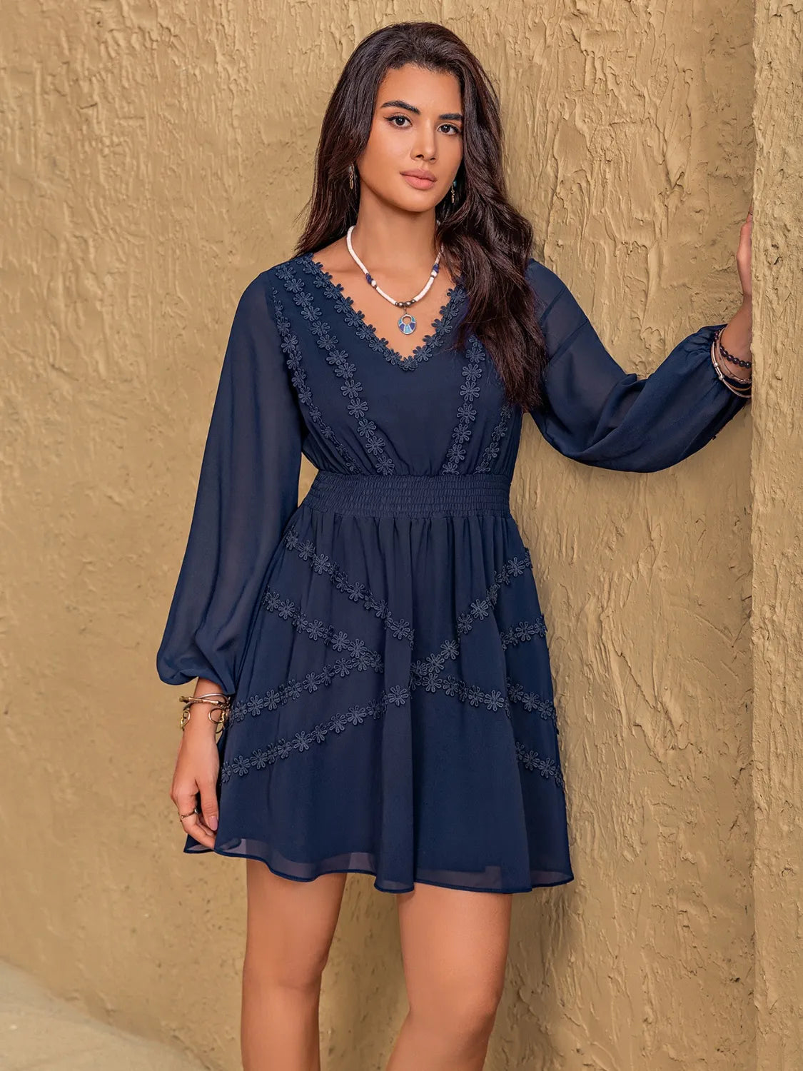 Lace Detail V-Neck Balloon Sleeve Mini Dress - Blushé Belle