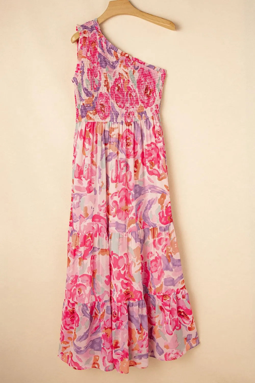 Floral Print Shirred One Shoulder Maxi Dress - Blushé Belle