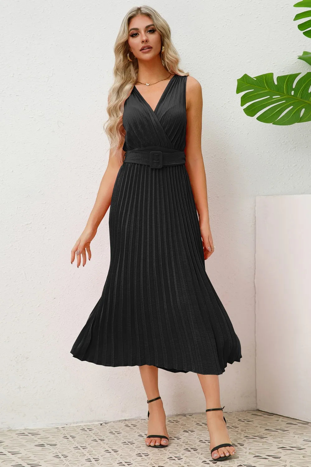 Surplice Sleeveless Midi Pleated Dress - Blushé Belle