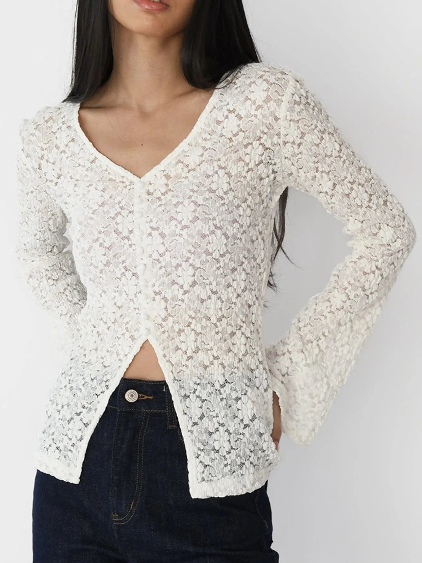 Lace V-Neck Flare Sleeve T-Shirt - Blushé Belle