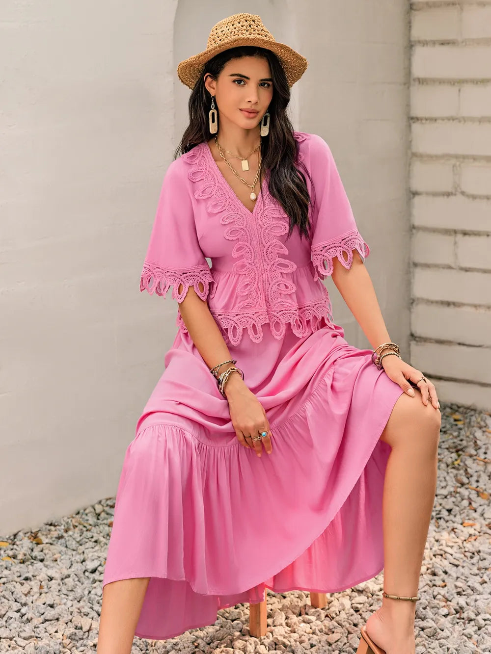 Lace Detail V-Neck Half Sleeve Midi Dress - Blushé Belle