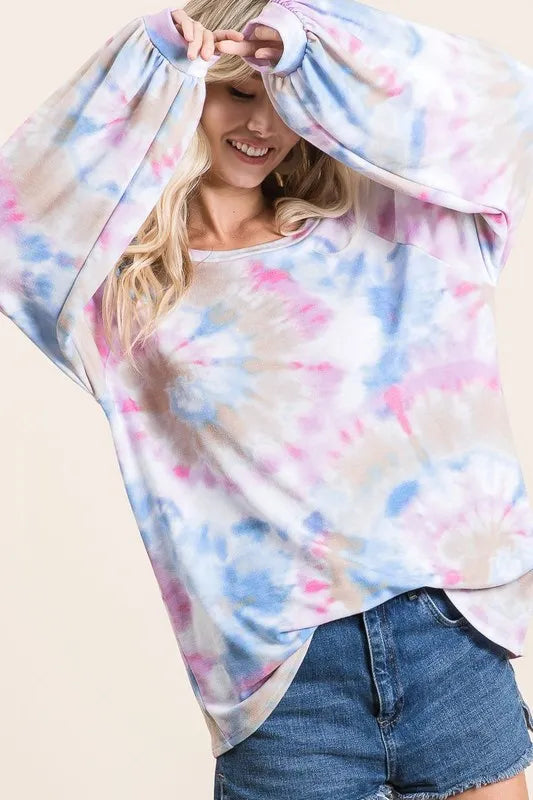 BiBi Tie Dye Print Terry Top With Puff Sleeves - Blushé Belle