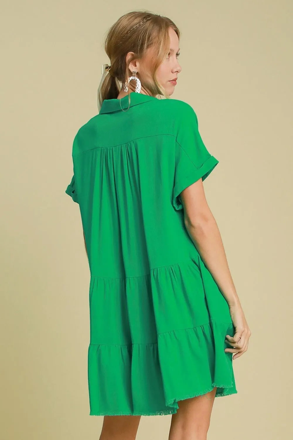 Umgee Full Size Raw Hem Folded Sleeve Tiered Dress Plus Size - Blushé Belle