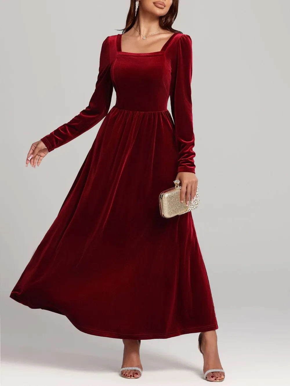 Velvet Square Neck Long Sleeve Dress - Blushé Belle