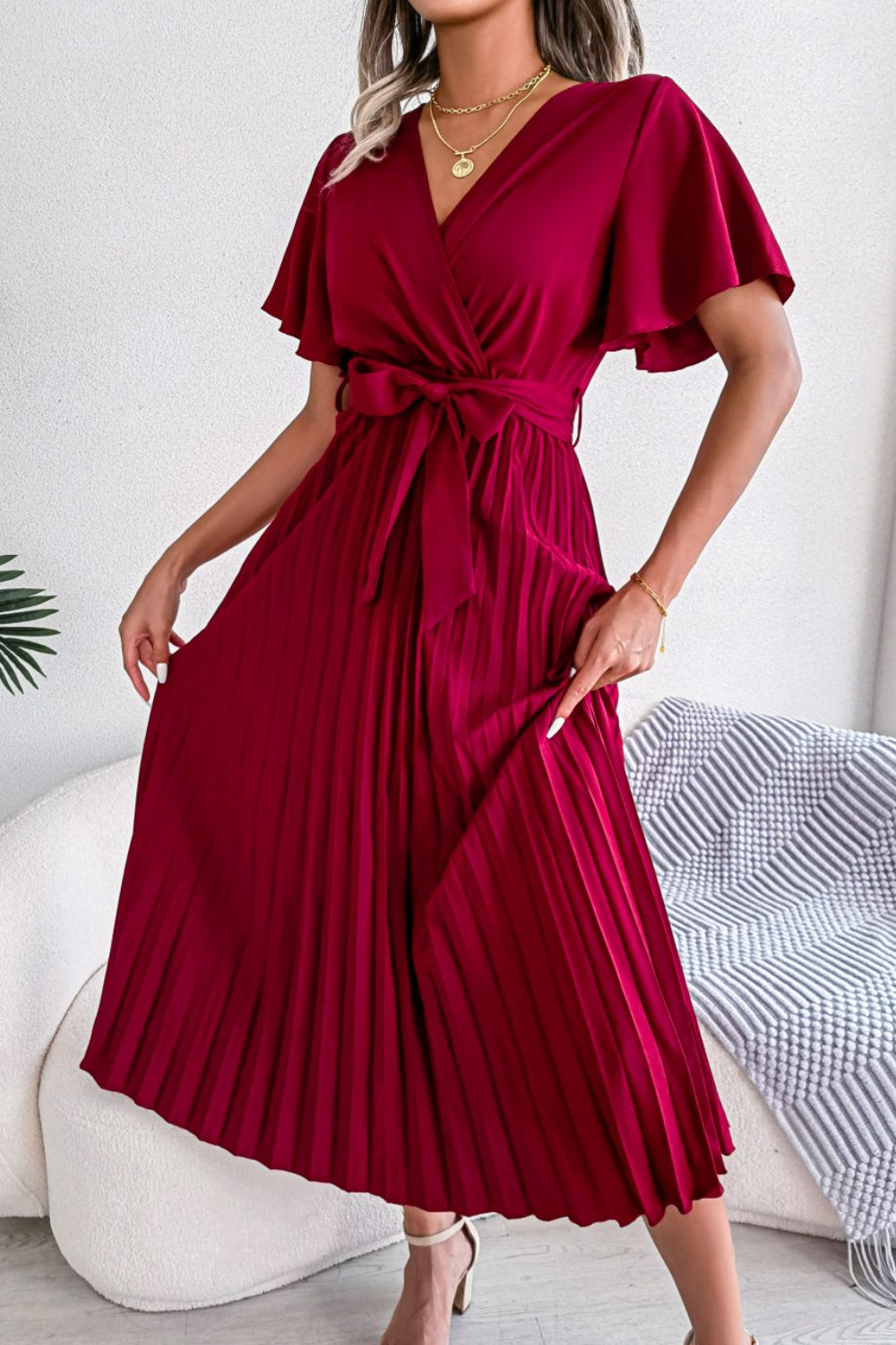 Pleated Flutter Sleeve Belted Dress - Blushé Belle