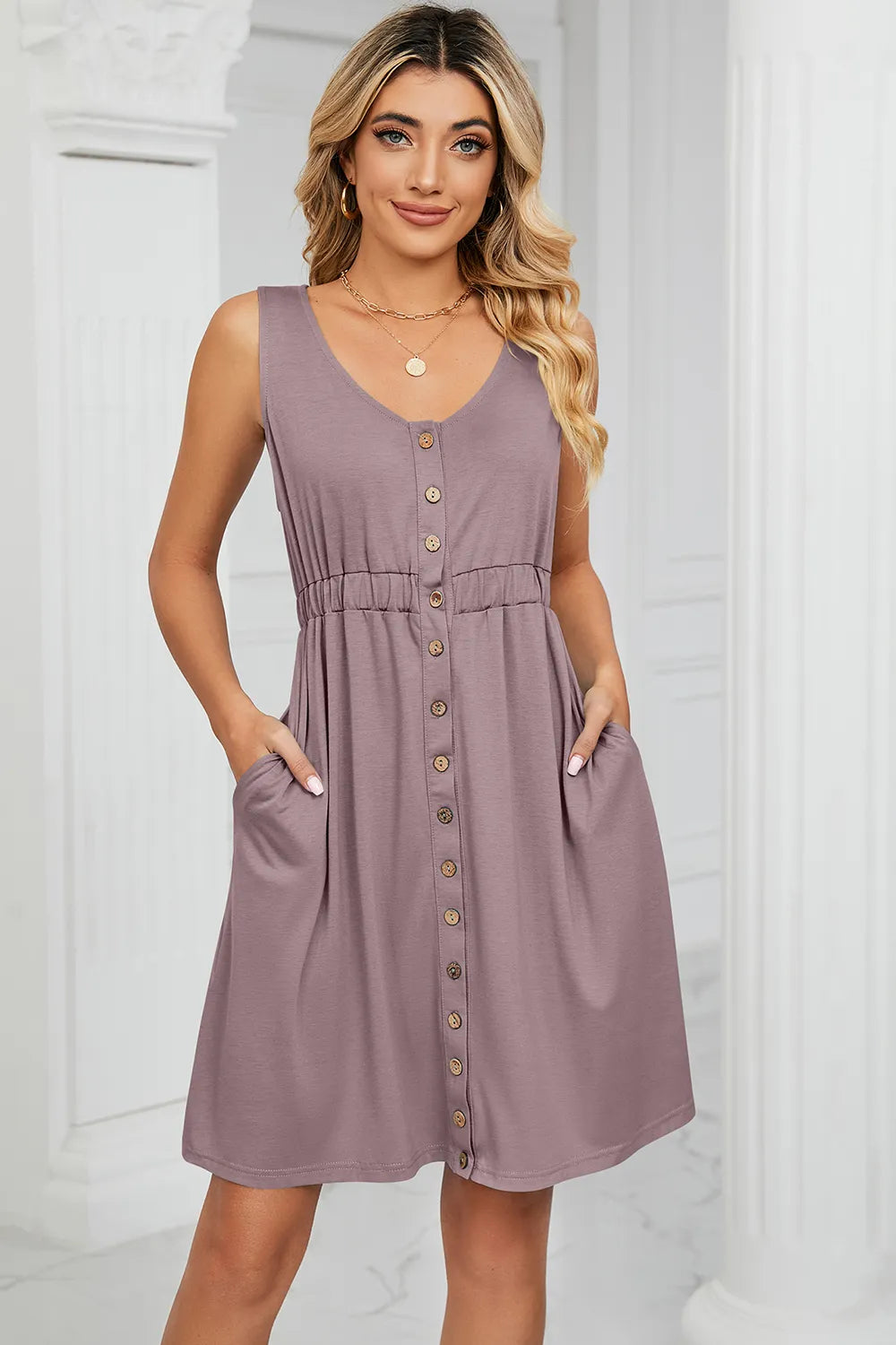 Buttoned Wide Strap Mini Dress - Blushé Belle