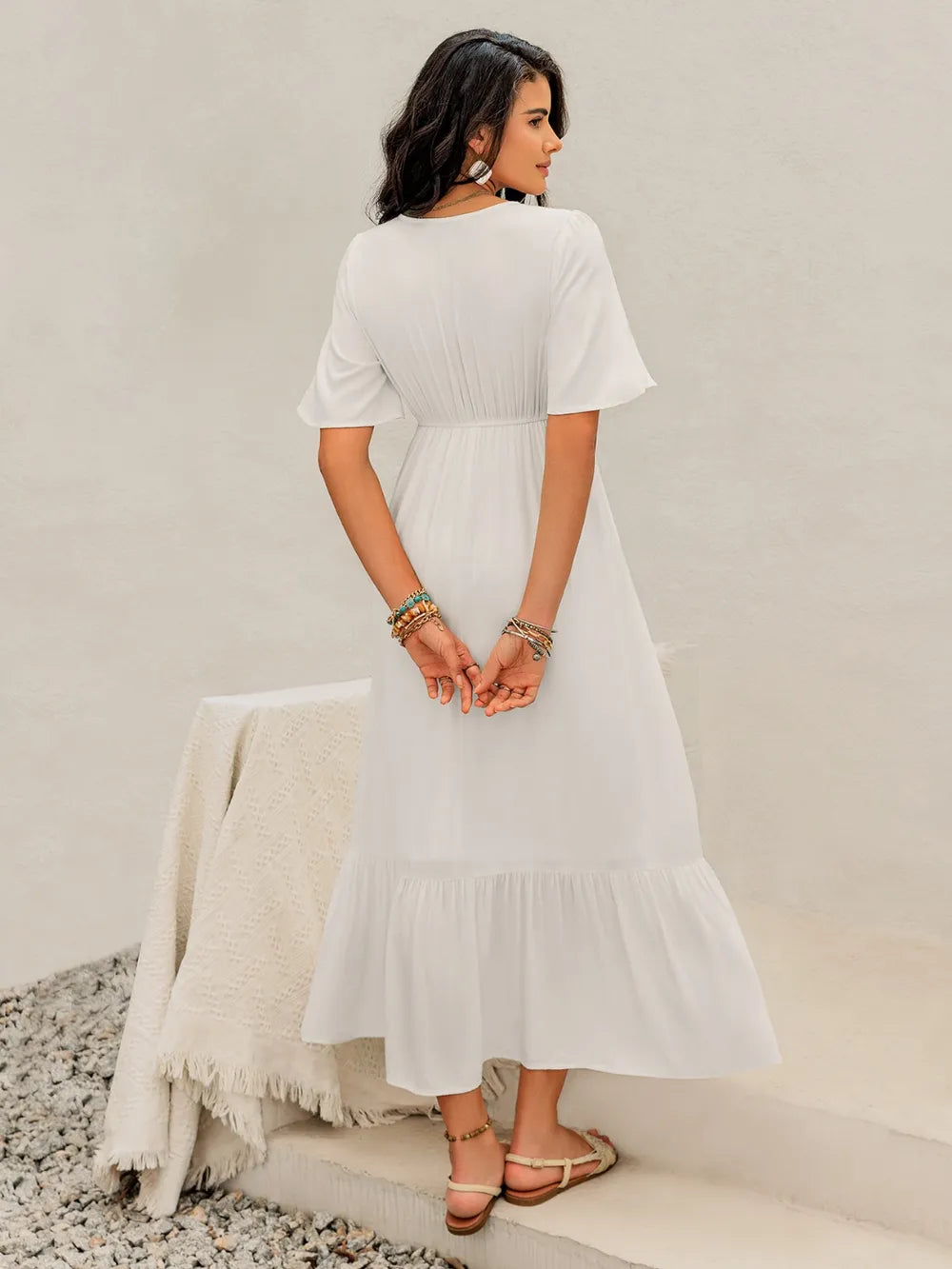 Ruffled Hem V-Neck Flutter Sleeve Dress - Blushé Belle