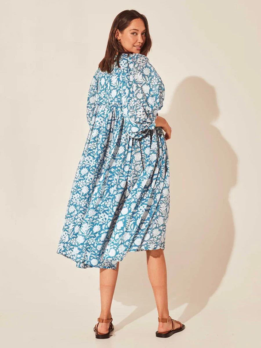 Floral Tie Neck Lantern Sleeve Dress - Blushé Belle