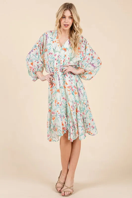 Lime 'N' Chili Floral Cinched Waist Balloon Sleeve V-Neck Dress - Blushé Belle