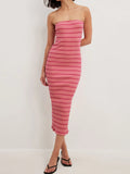 Slit Back Striped Strapless Bodycon Midi Dress - Blushé Belle