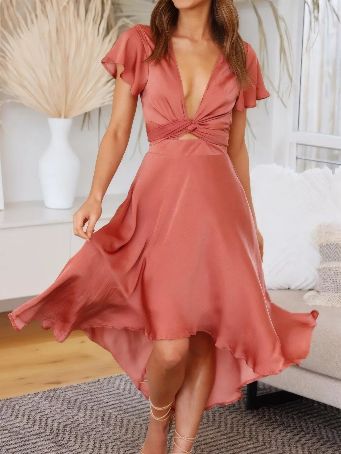 High-Low Plunge Flutter Sleeve Dress - Blushé Belle