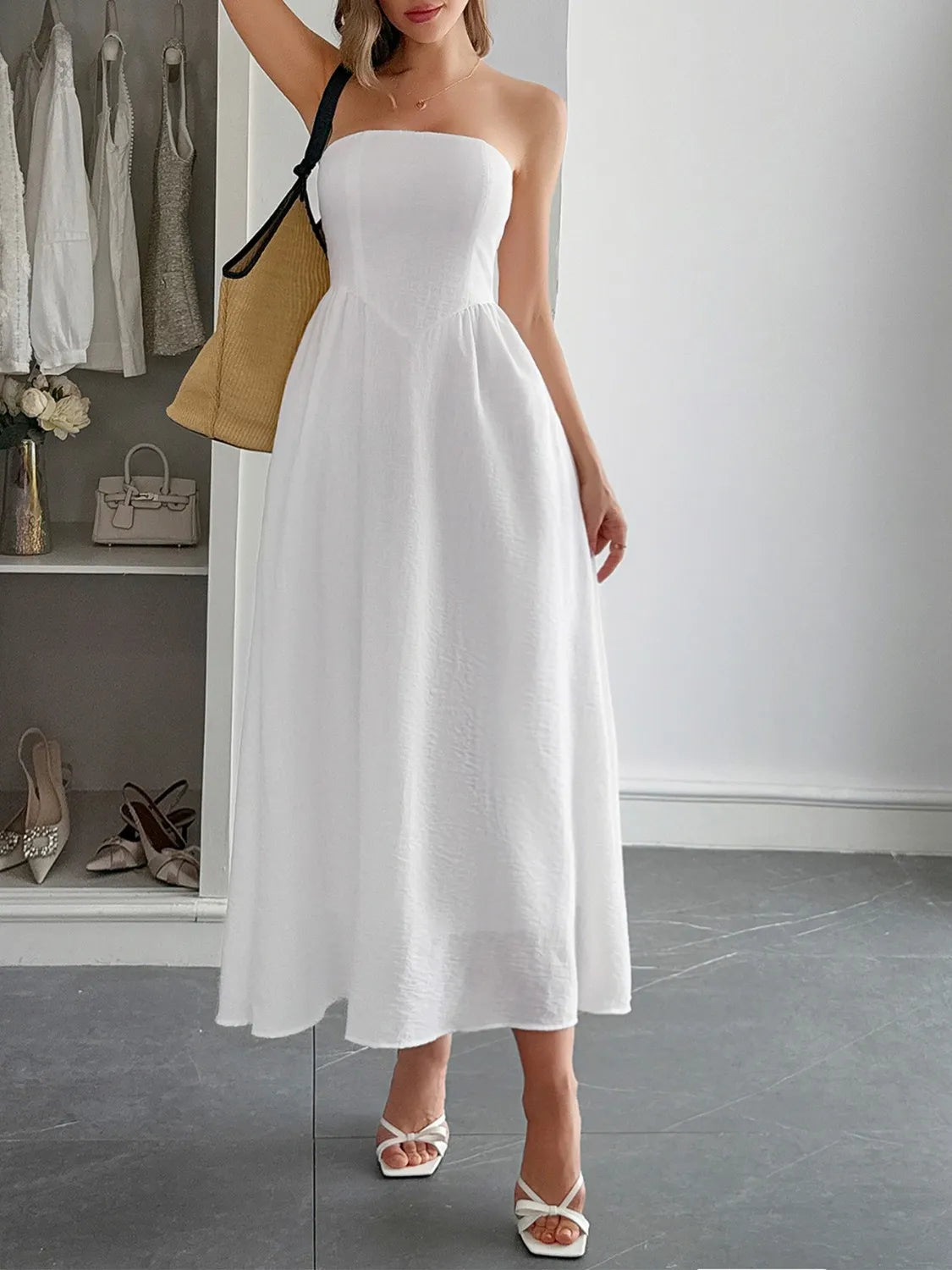 Strapless A-Line Midi Dress with Pockets - Blushé Belle