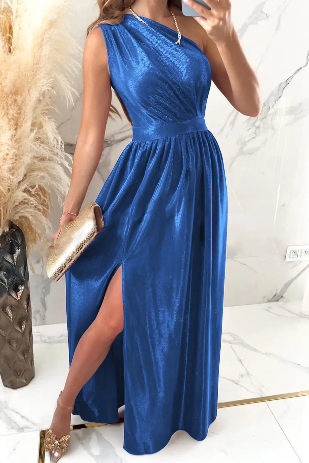 One Shoulder Slit Ruched Maxi Dress - Blushé Belle