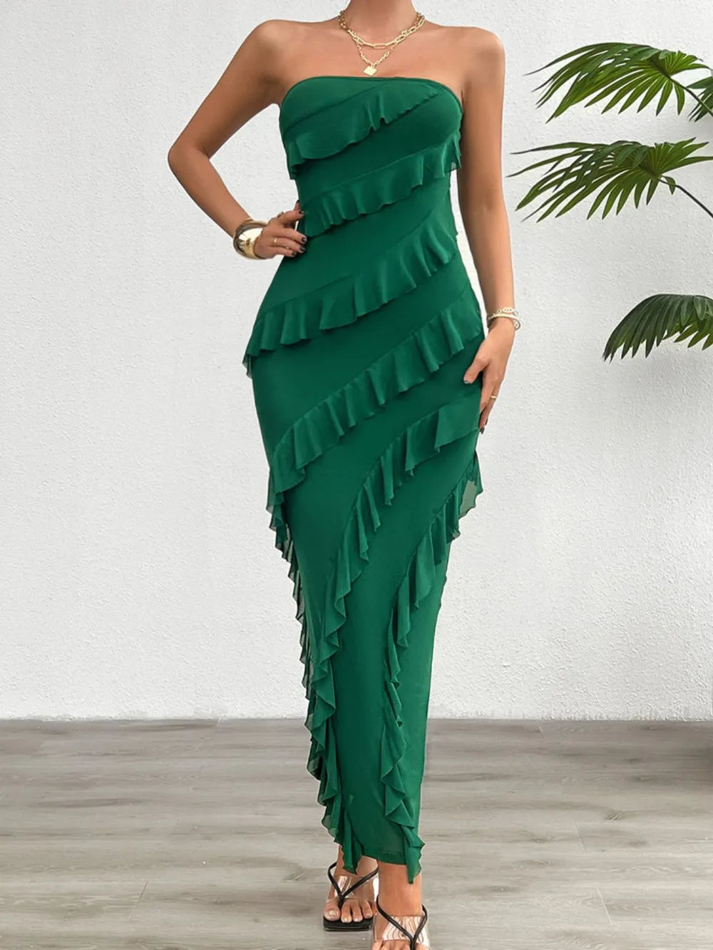 Devine Ruffled Slit Back Tube Maxi Dress - Blushé Belle