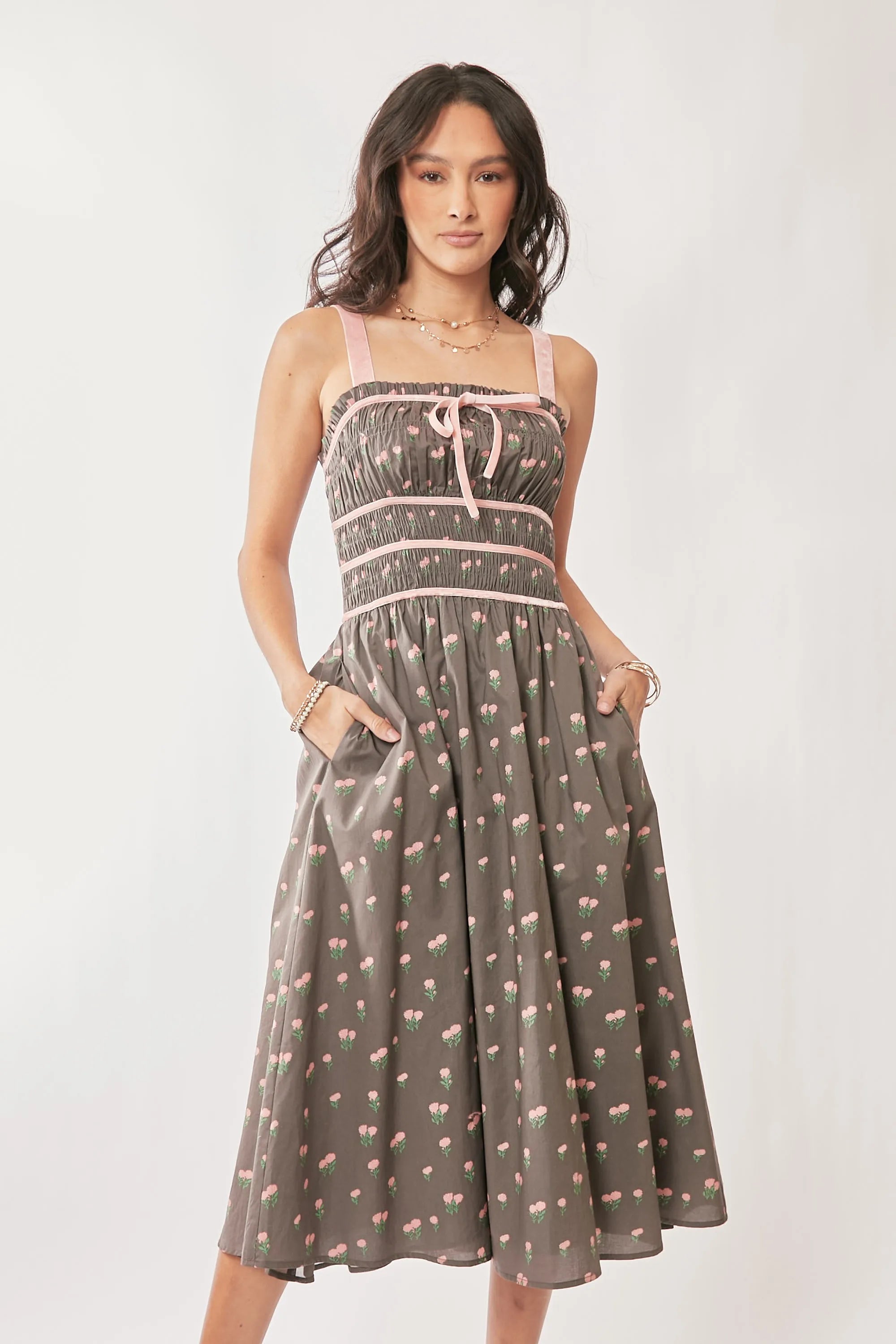 Davi & Dani Contrast Velvet Tape Smocking Bodice Midi Dress - Blushé Belle