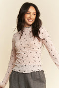 Davi & Dani Ribbon Bow Lace Hem Long Sleeve Mesh Layering Top - Blushé Belle