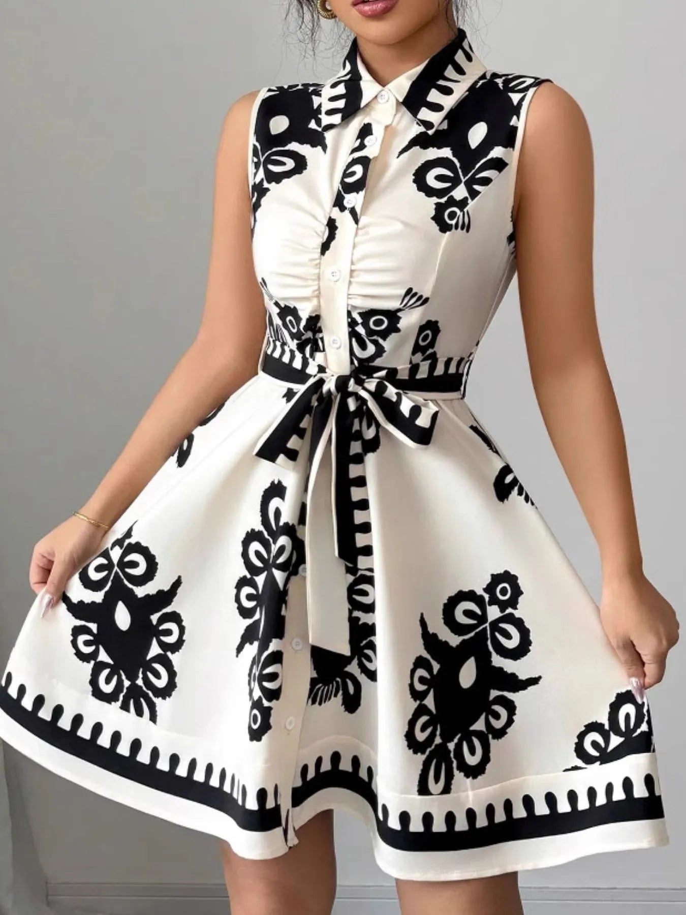 Printed Sleeveless Tie Waist Mini Dress - Blushé Belle