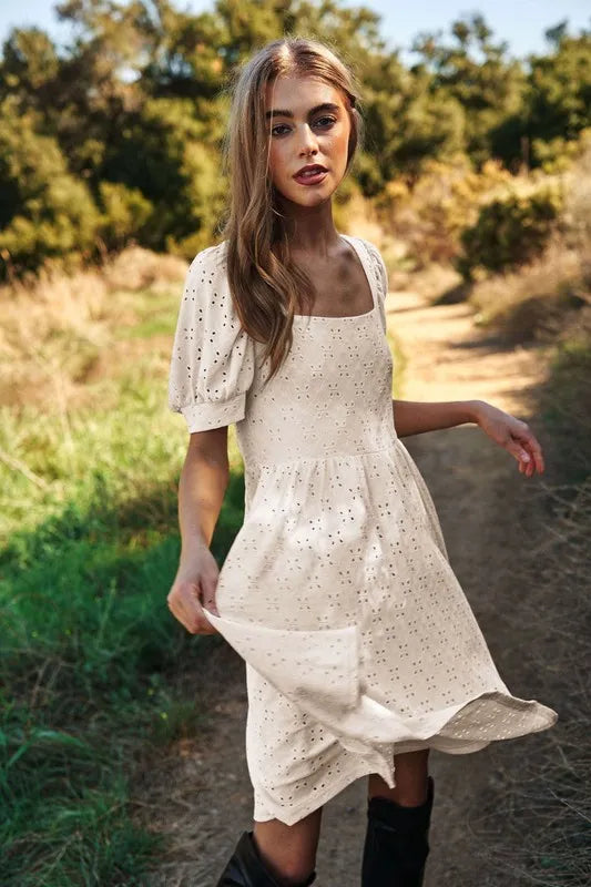 Davi & Dani Eyelet Baby Doll Romantic Square Neck Dress - Blushé Belle