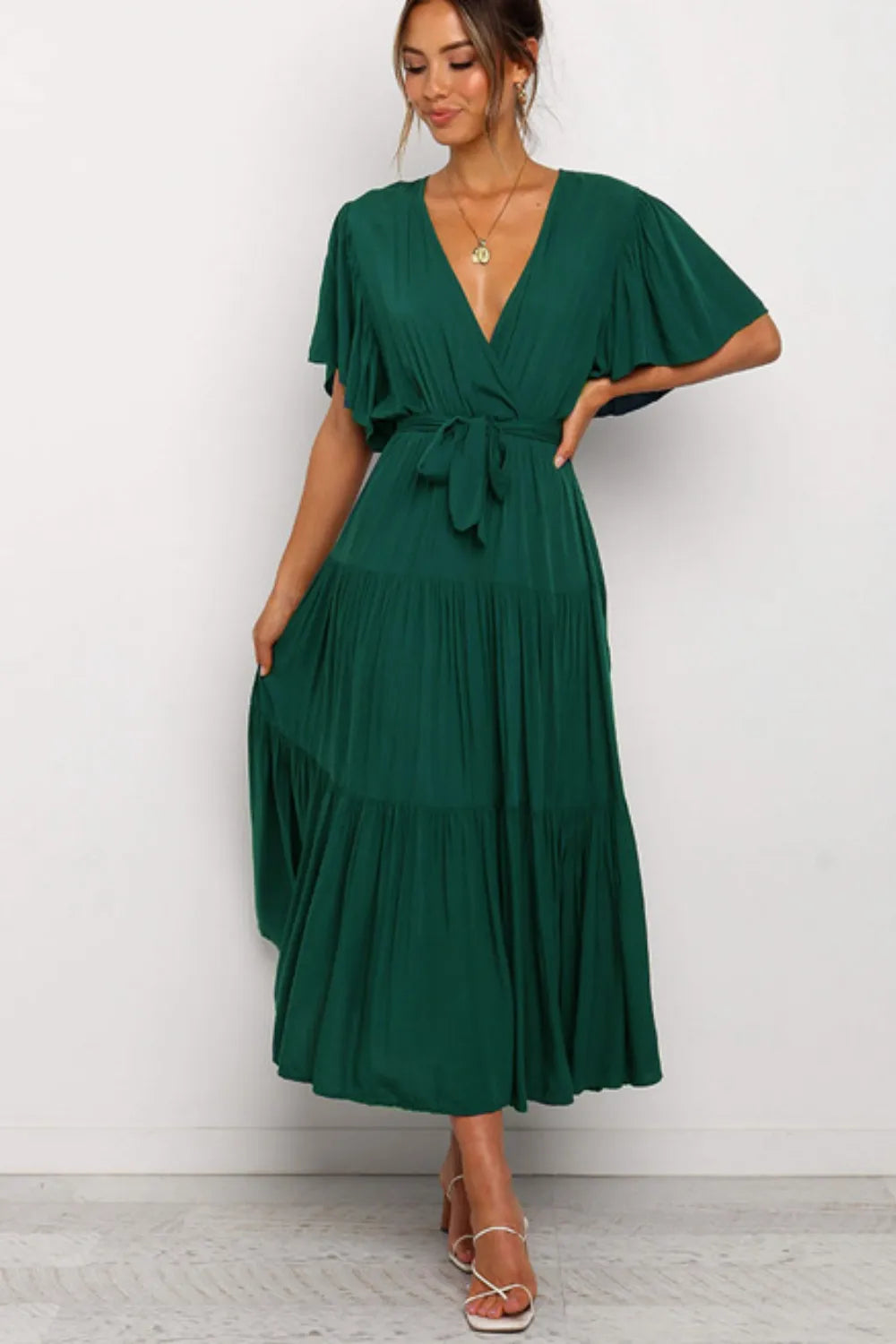 Front Tie Short Sleeve Tiered Midi Dress - Blushé Belle