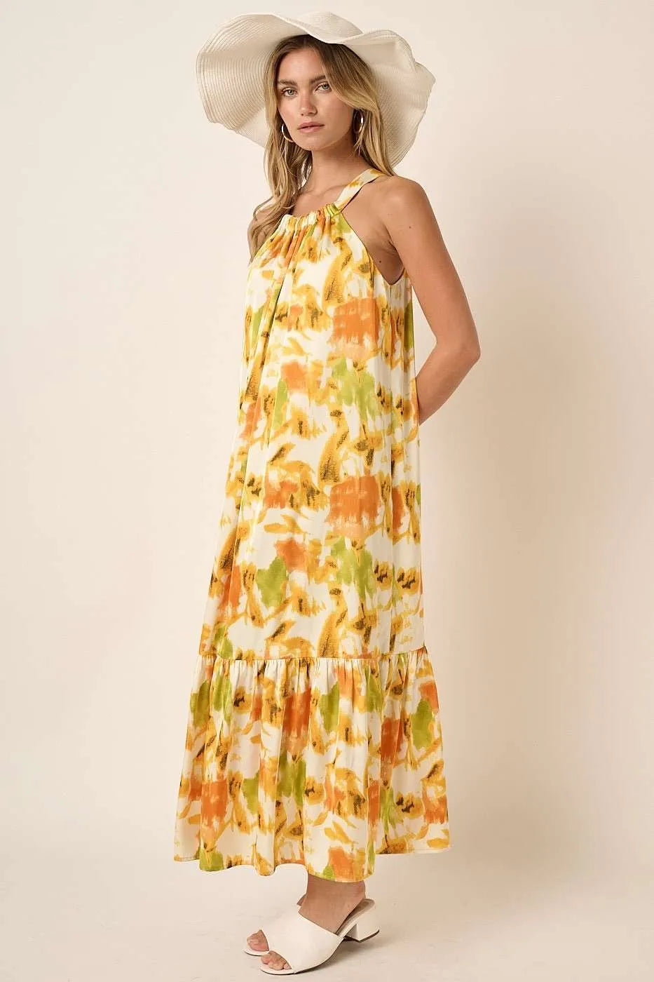 Mittoshop Watercolor Print Halter Neck Satin Maxi Dress - Blushé Belle