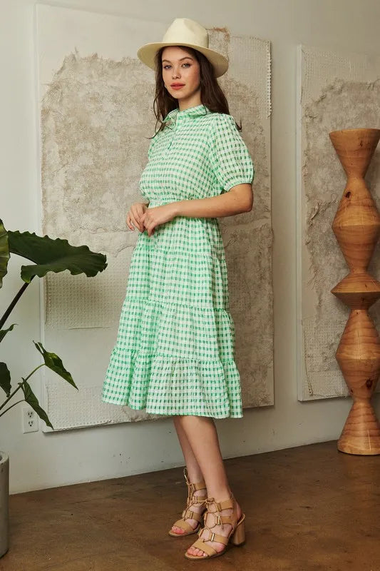 Davi & Dani Checkered Puff Sleeve Tiered Shirt Dress - Blushé Belle