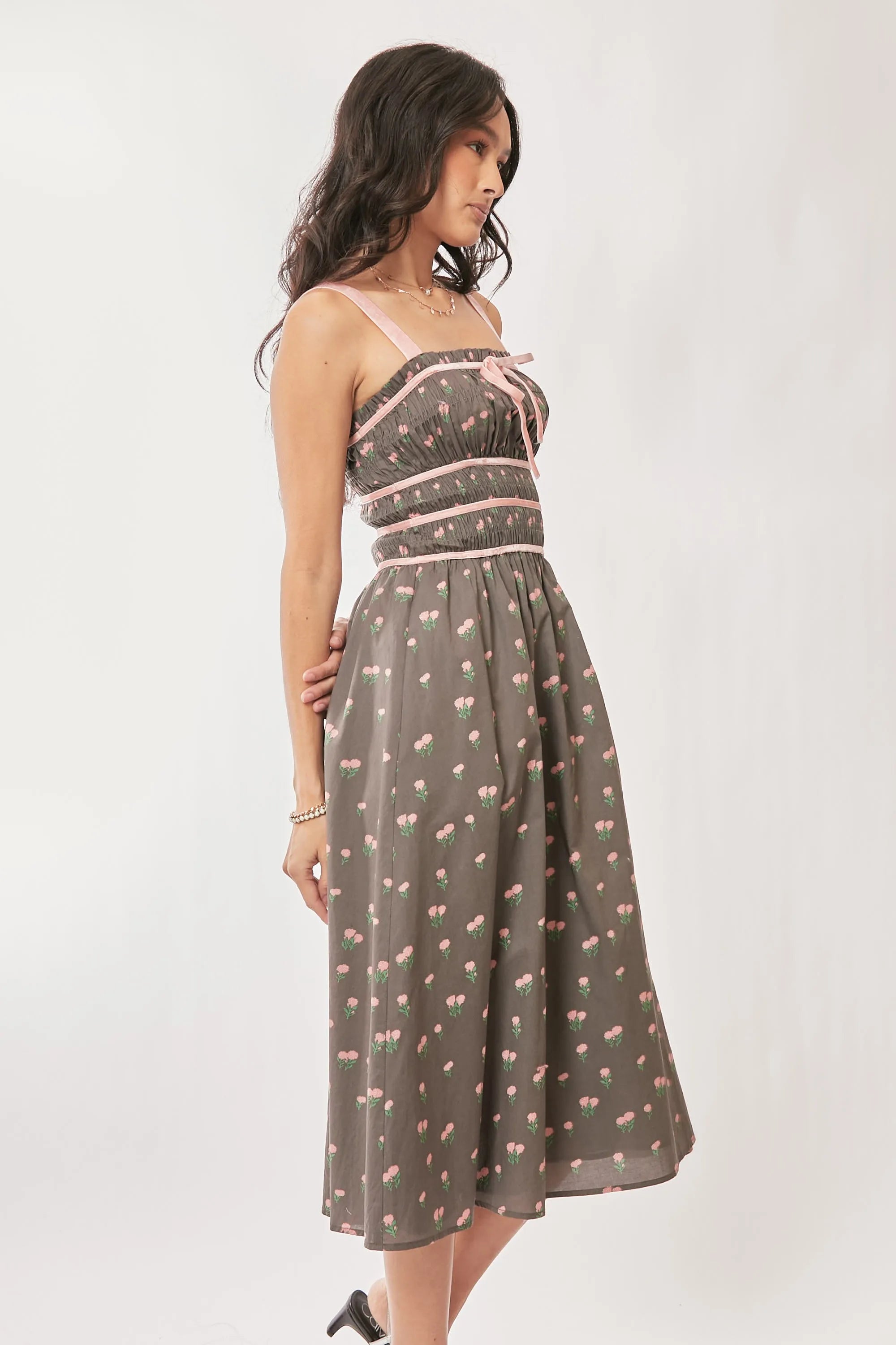 Davi & Dani Contrast Velvet Tape Smocking Bodice Midi Dress - Blushé Belle