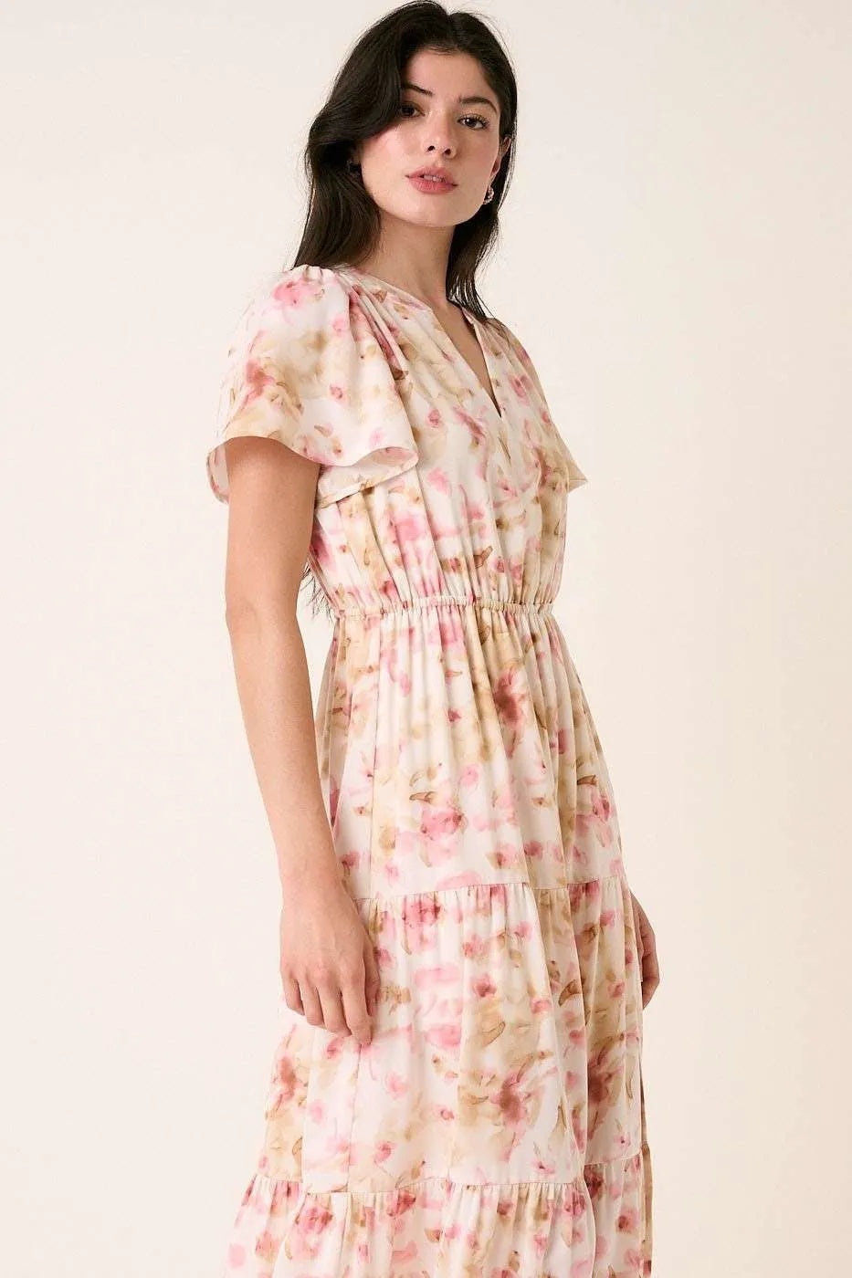 Mittoshop Flower Print Flutter Sleeve V Slit Maxi Dress - Blushé Belle