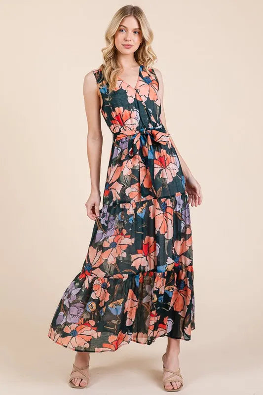 Lime 'N' Chili Floral Print Sleeveless Tie Waist Maxi Dress - Blushé Belle
