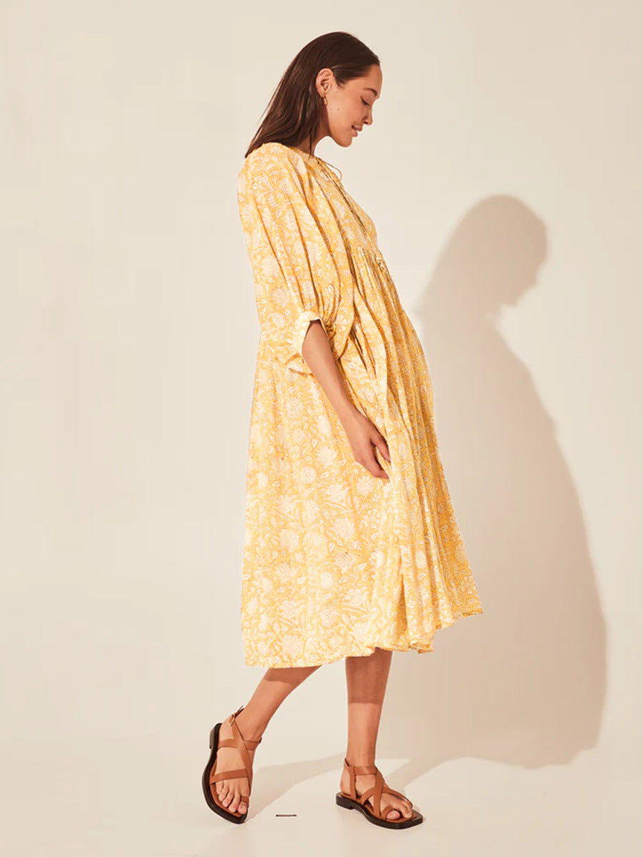 Floral Tie Neck Lantern Sleeve Dress - Blushé Belle