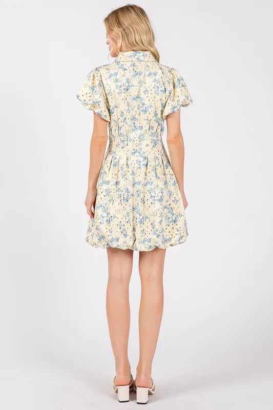 GeeGee Floral Eyelet Zipper Front Puff Sleeve Mini Dress - Blushé Belle