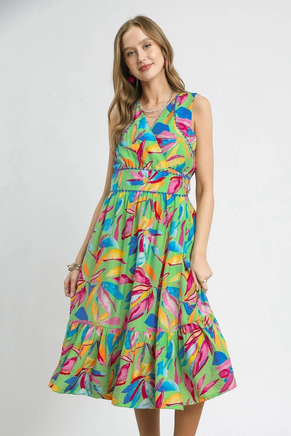 Umgee Ruffled Hem Printed Sleeveless Midi Dress - Blushé Belle