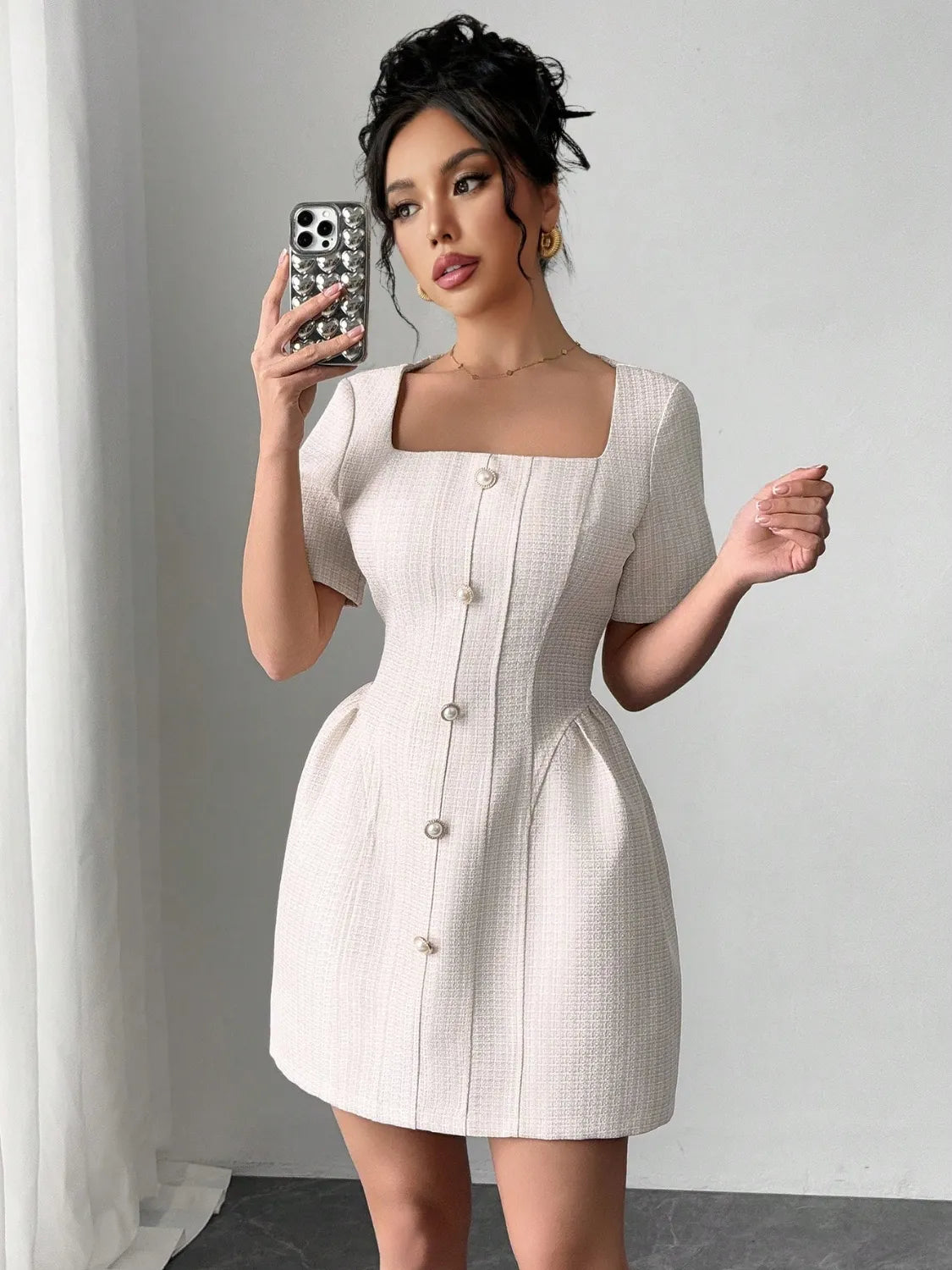 Square Neck Short Sleeve Mini Dress - Blushé Belle