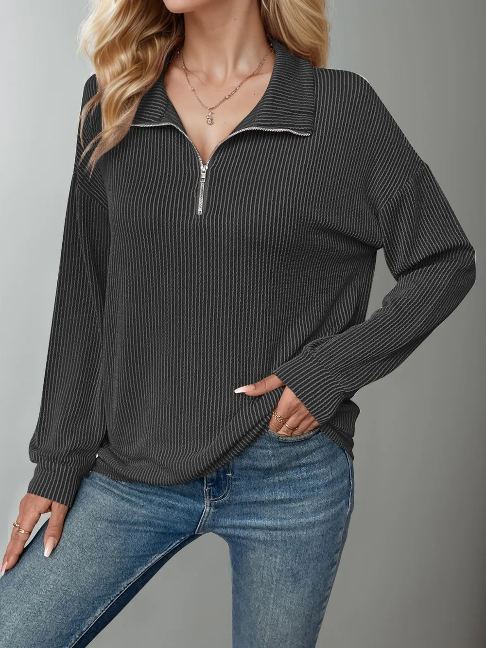 Double Take Striped Half Zip Long Sleeve T-Shirt - Blushé Belle