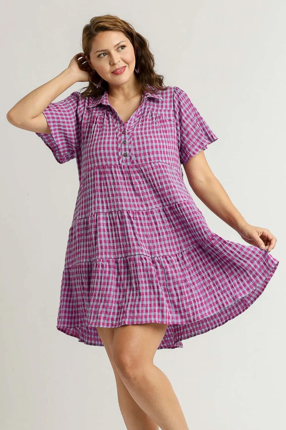 Umgee Full Size Gingham Tiered Button Detail Short Sleeve Dress Plus Size - Blushé Belle