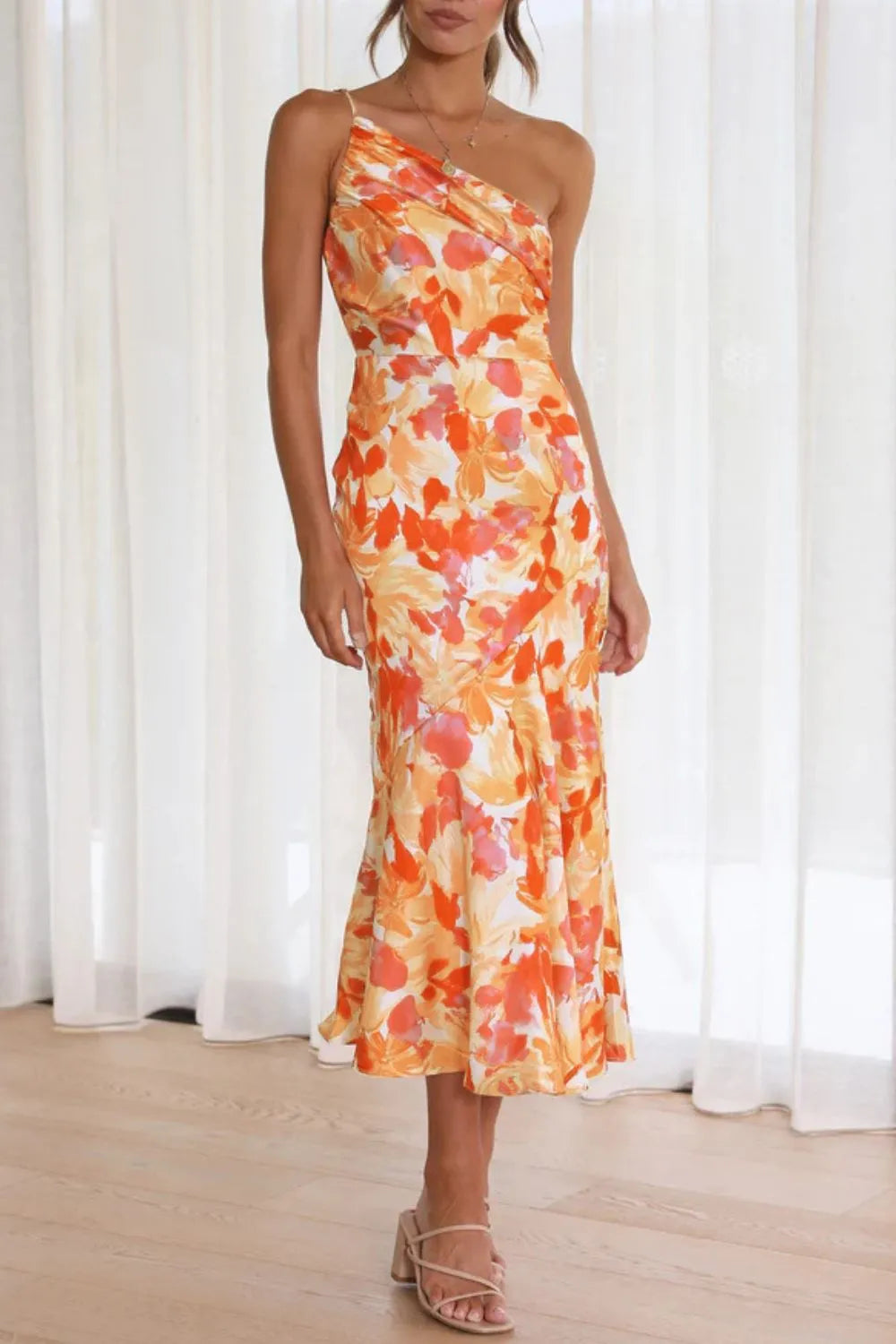 Ruched Printed Single Shoulder Midi Dress - Blushé Belle