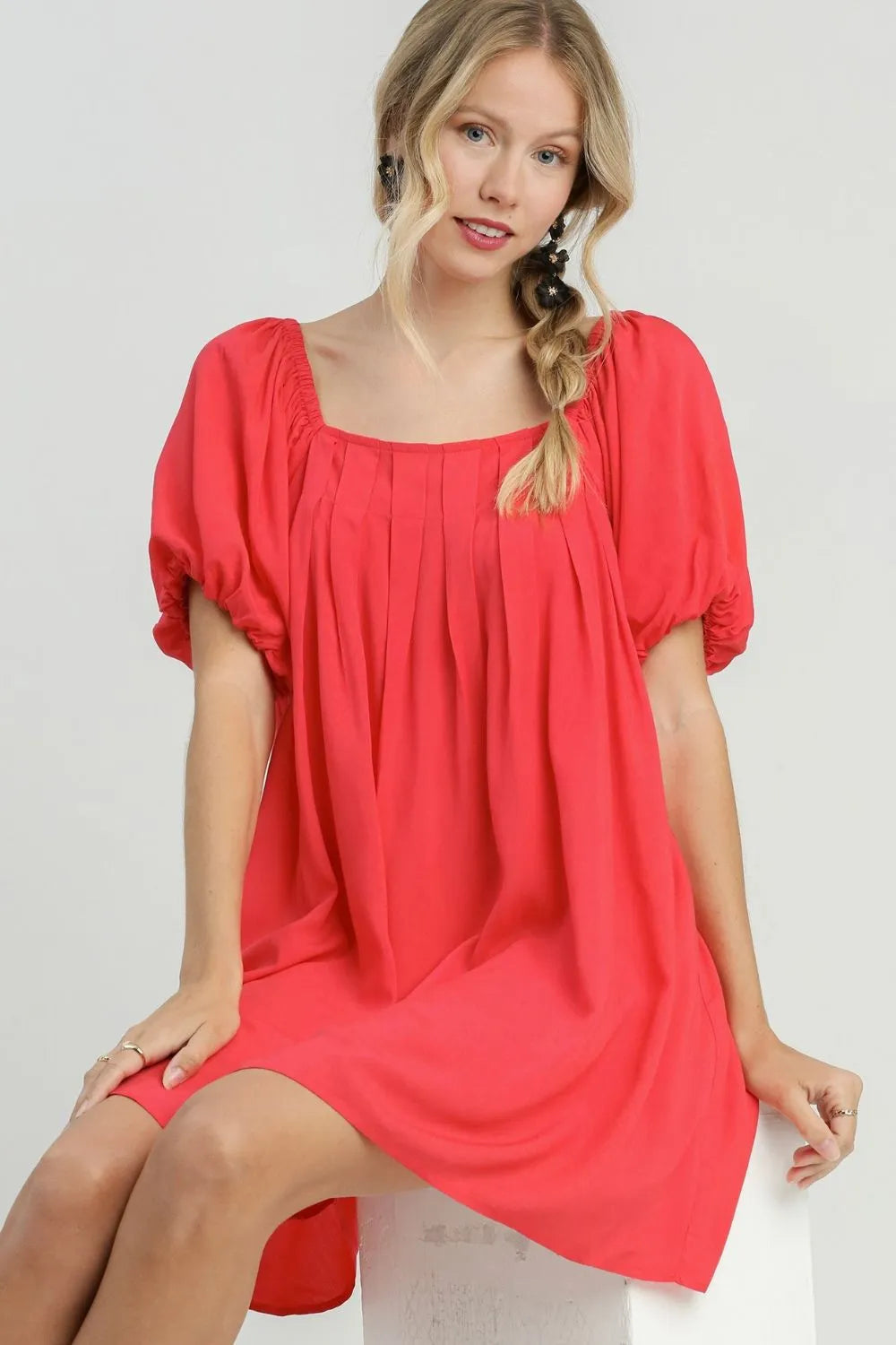 Umgee Full Size Squared Neck Puff Sleeve Mini Dress Plus Size - Blushé Belle