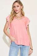 Basic Bae Full Size Bamboo Notched Ruffled Short Sleeve T-Shirt - Blushé Belle