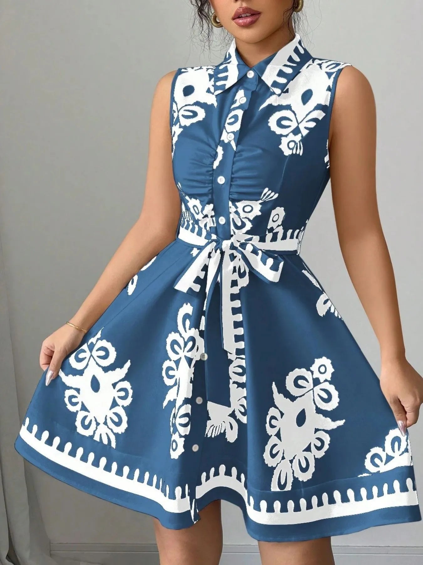 Printed Sleeveless Tie Waist Mini Dress - Blushé Belle