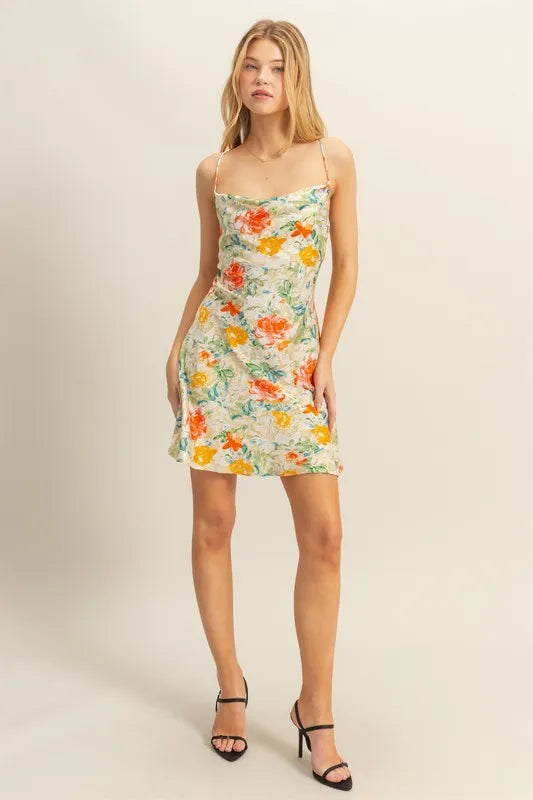 HYFVE Floral Cowl Neck Flirty Satin Mini Dress - Blushé Belle