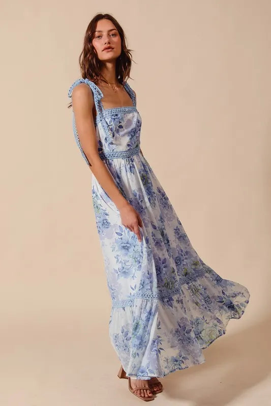 SO ME Floral Print Flowy Maxi Dress with Lace Ribbon Tie - Blushé Belle