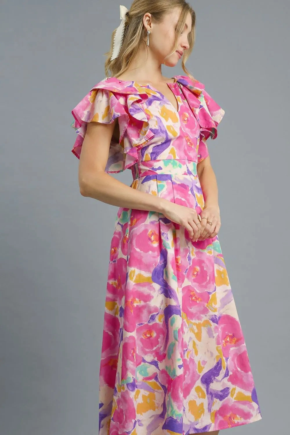Umgee Floral Ruffled Cap Sleeve Midi Dress - Blushé Belle