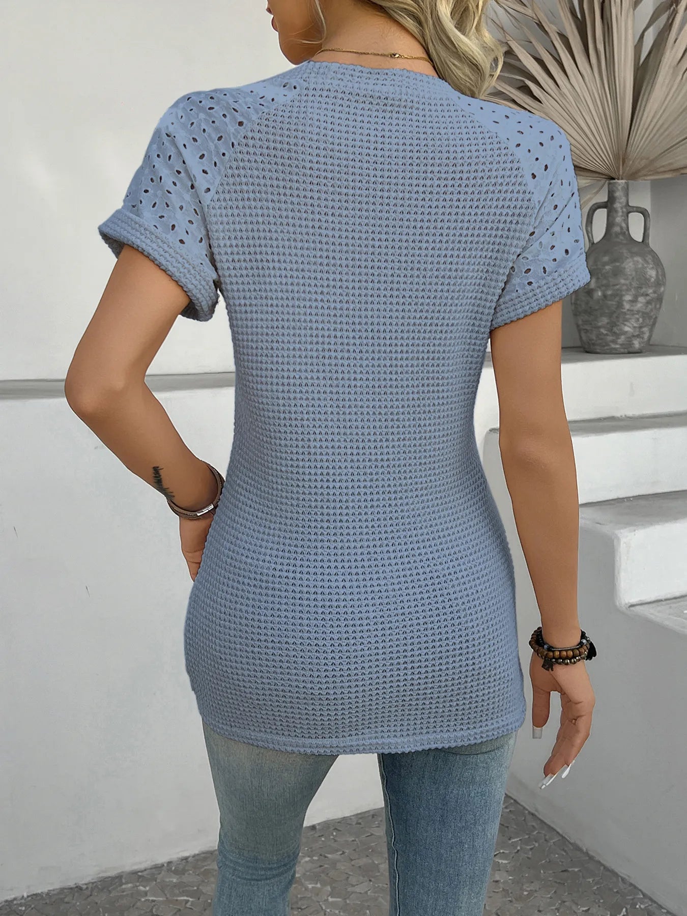 Hollow Out Waffle Knit Short Sleeve T-Shirt - Blushé Belle