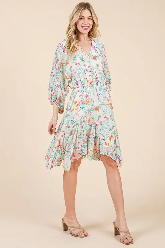 Lime 'N' Chili Floral Cinched Waist Balloon Sleeve V-Neck Dress - Blushé Belle